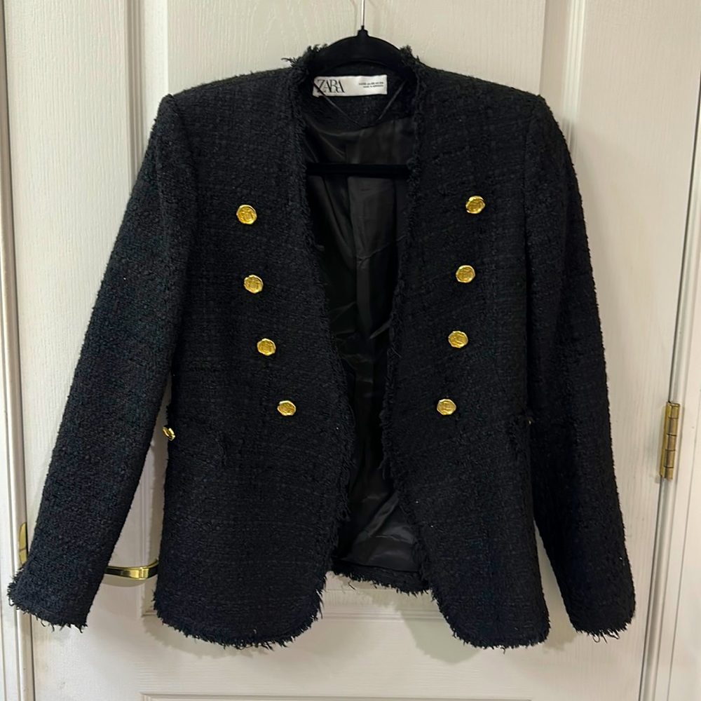 Zara Blazer, size XS US, Black color with gold buttons, made in Morocco.